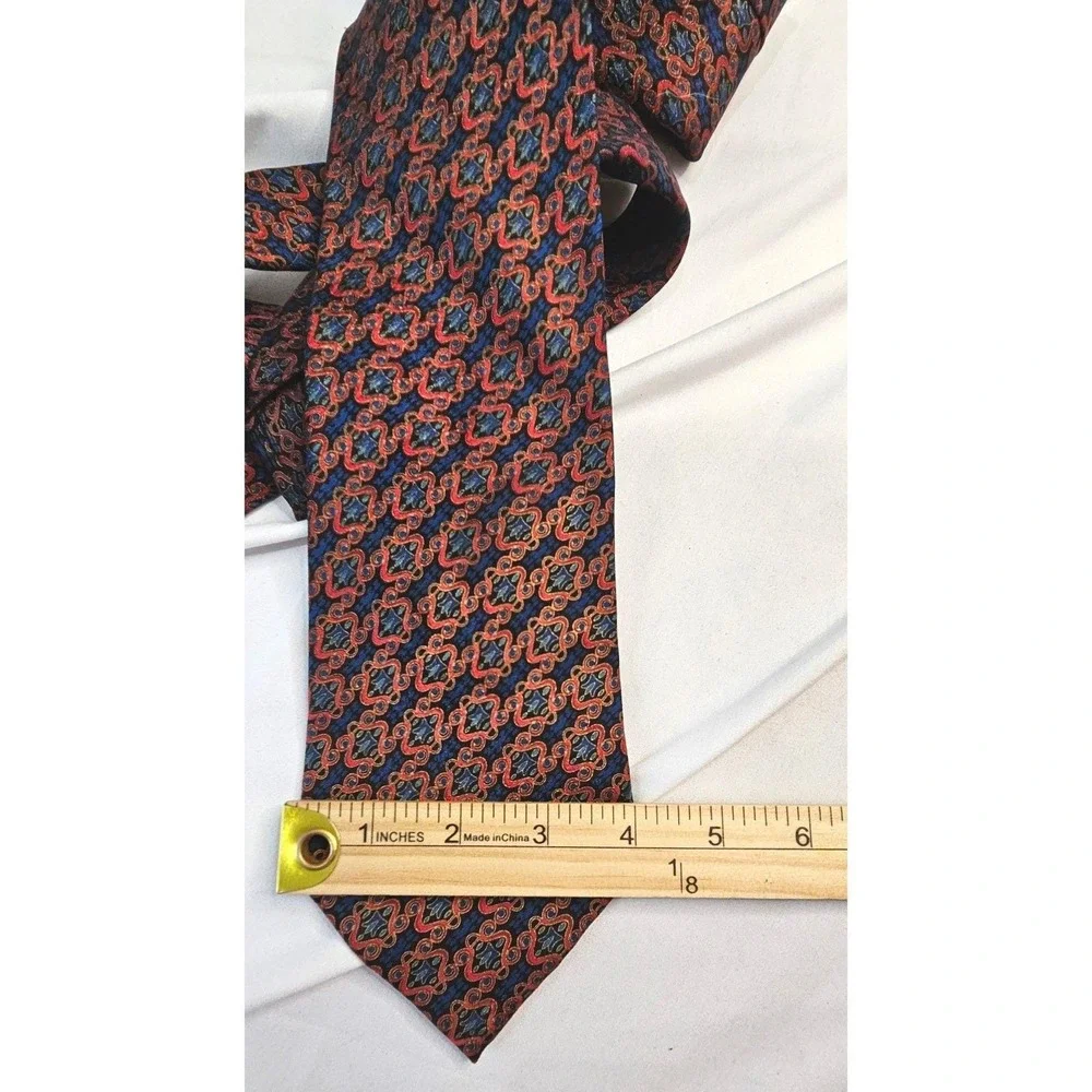 Brioni Mens Silk Tie‎ Red Blue Gold Geometric Medallion Hand Made Italy